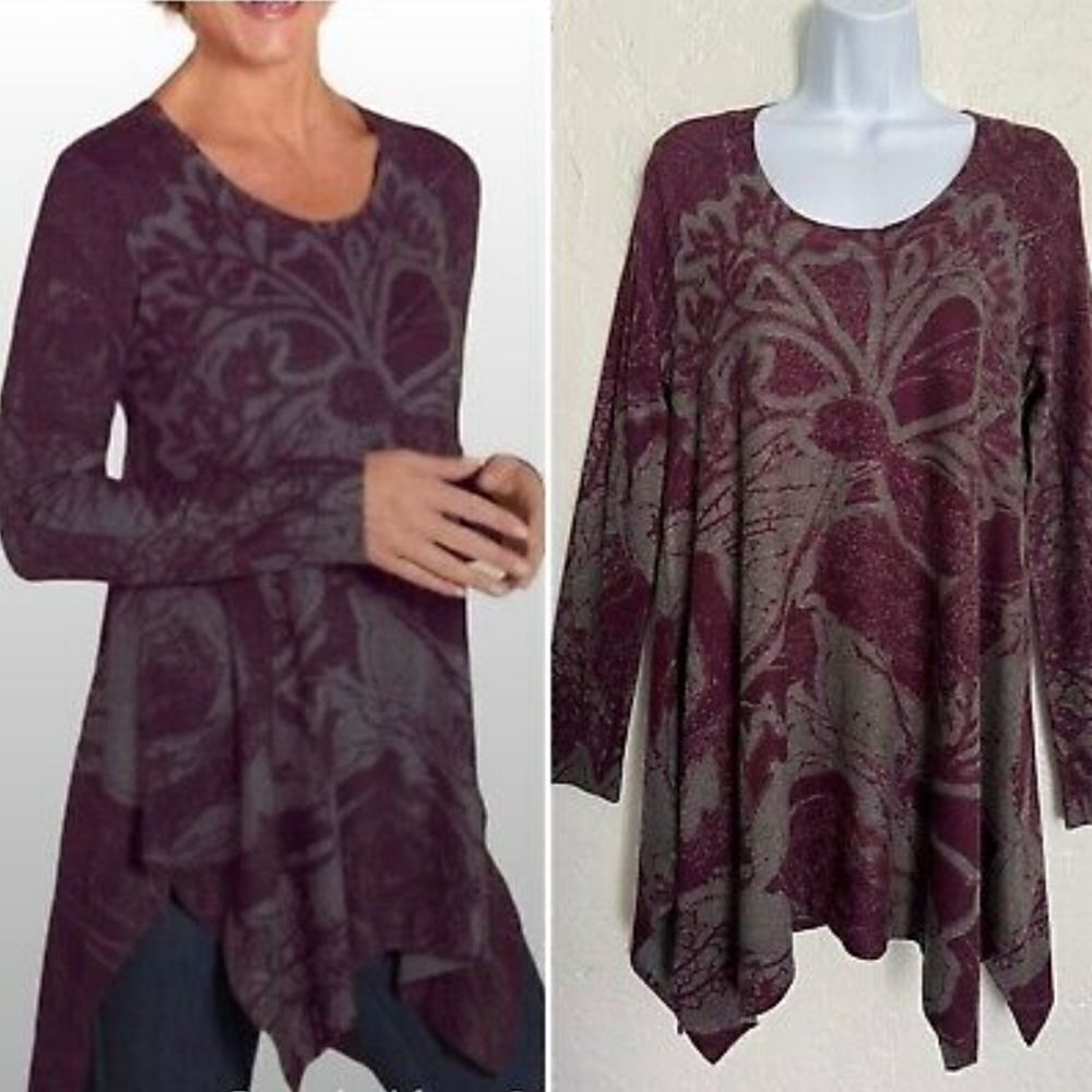 SOFT SURROUNDINGS Size M Blue Gray Thin Knit Asymmetrical Pullover Tunic Top‎